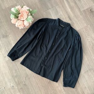 Something Navy Navy Blue Poof Sleeve Mandarin Neck Button Down Shirt
